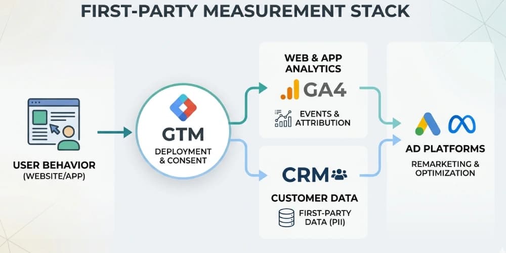 First-Party Measurement Stack: GA4, GTM, CRM, and Ad Platforms in 2026